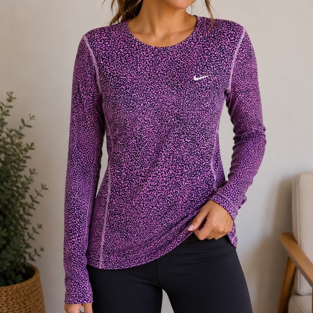 Nike Dri-FIT Running Top Women's XS Pink Animal Print Long Sleeve Athletic Shirt